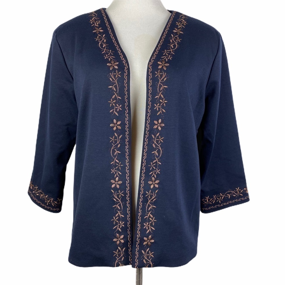 Alfred Dunner Petite Embroidered Open Jacket Women's 12P Navy Brown